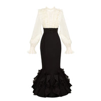 With PUJI - Miss Laura: Long-sleeve Mermaid - Lolita OP Dress, Ruffle Trim - Windy Black Long-sleeve Dress - Pre-order, ships from Oct 22 / S