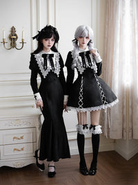 With PUJI - Rose Doll - Gothic Lolita Short OP, Mermaid Dress - Embroidered fake collar + bow brooch, in stock / S