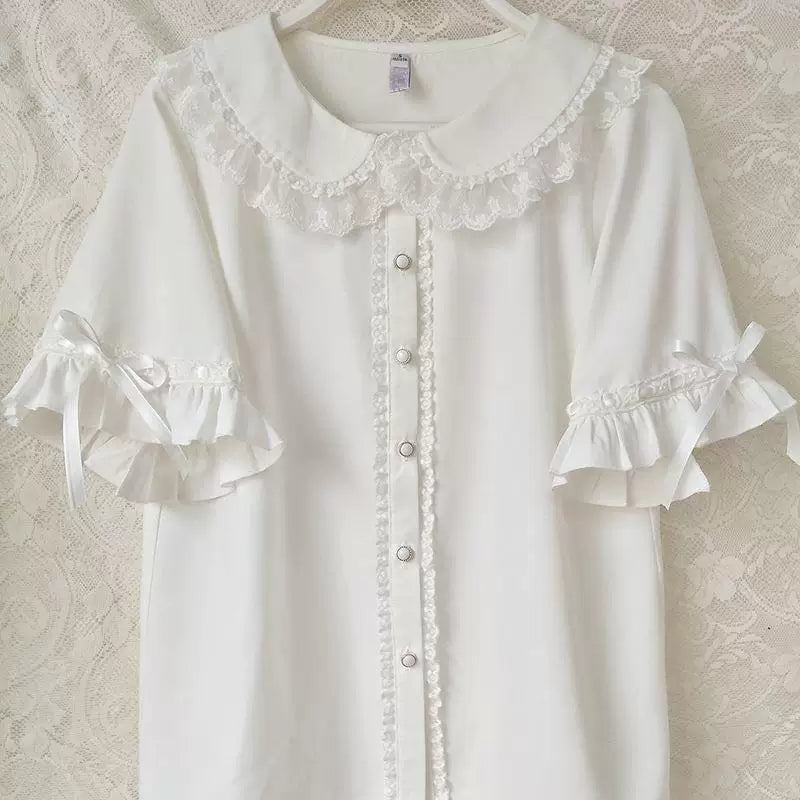 Sweetheart Dream Machine - Ribbon Doll Collar - Short-sleeve blouse with ribbon-tied ruffle cuffs