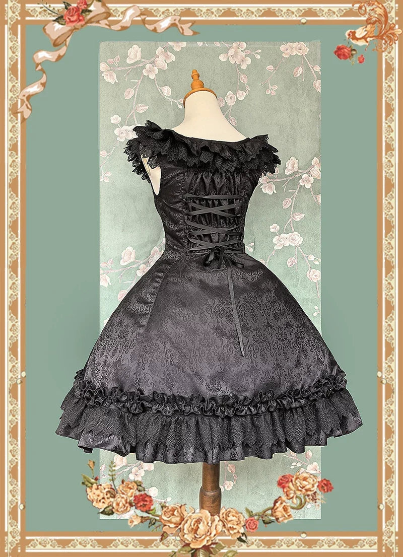 Infanta - Canon Of Floral Melody - Gothic Lolita Black JSK Dress, Jacquard Pattern
