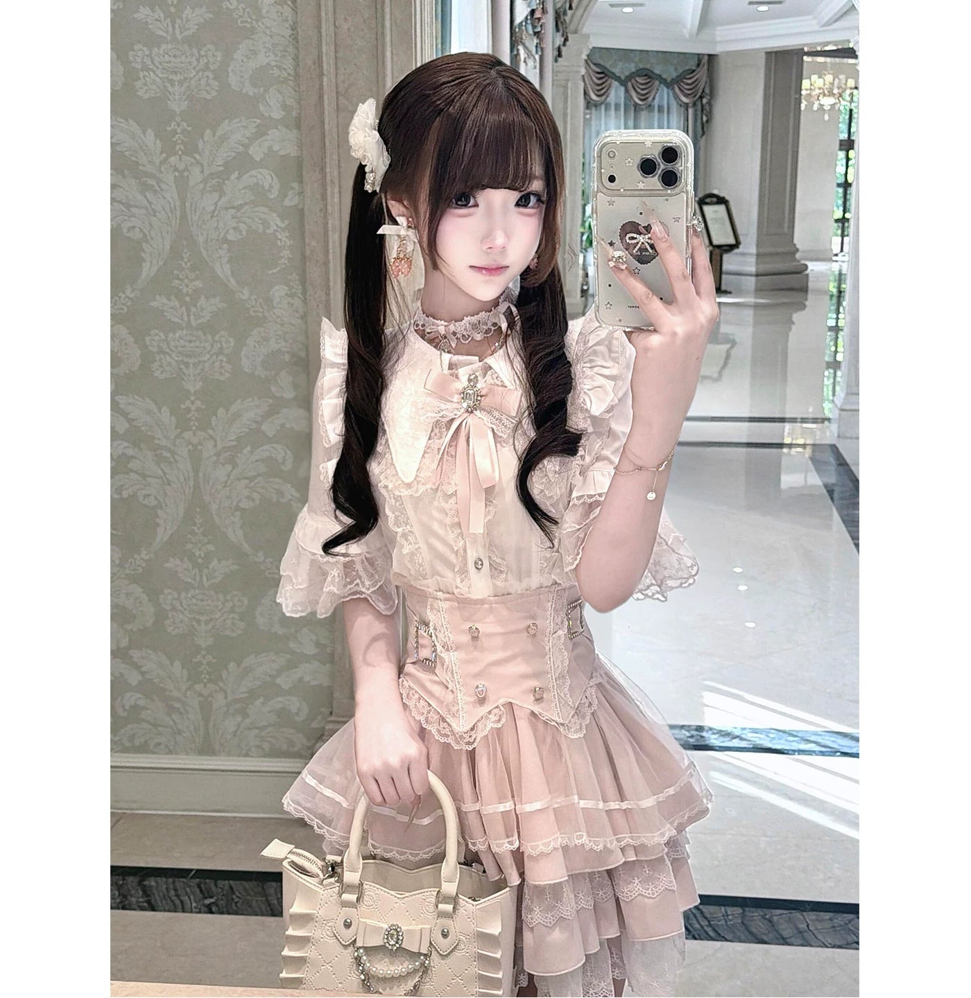 Creamy - Lace Bow - Two-Piece Top-and-Skirt Set with Layered Lace Trim