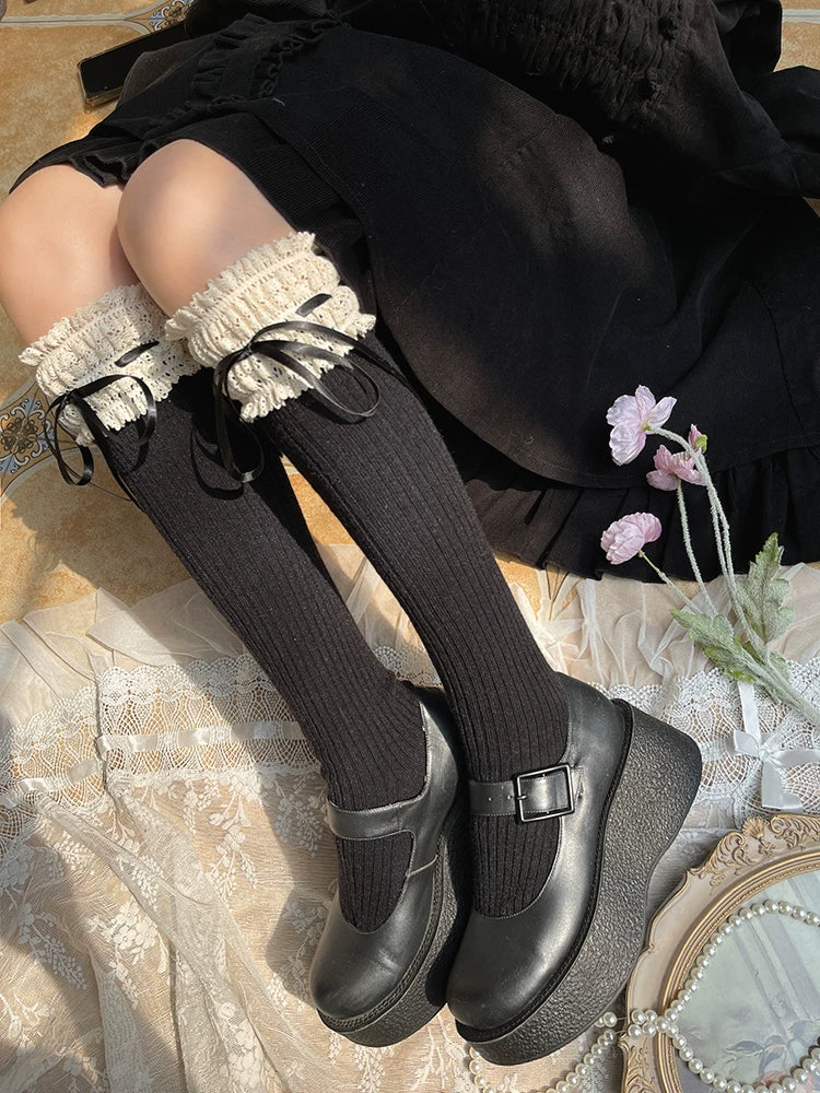 Sock Noble - Winter Lace - Cotton and Wool Mid-Calf Boot Socks with Ribbon Ties