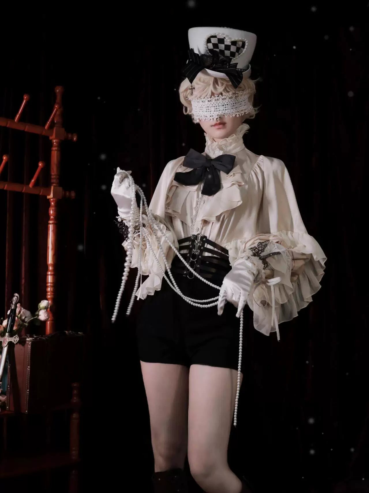Creamy - Gothic Prince - Natural-tone blouse with ruffled front and batwing sleeves