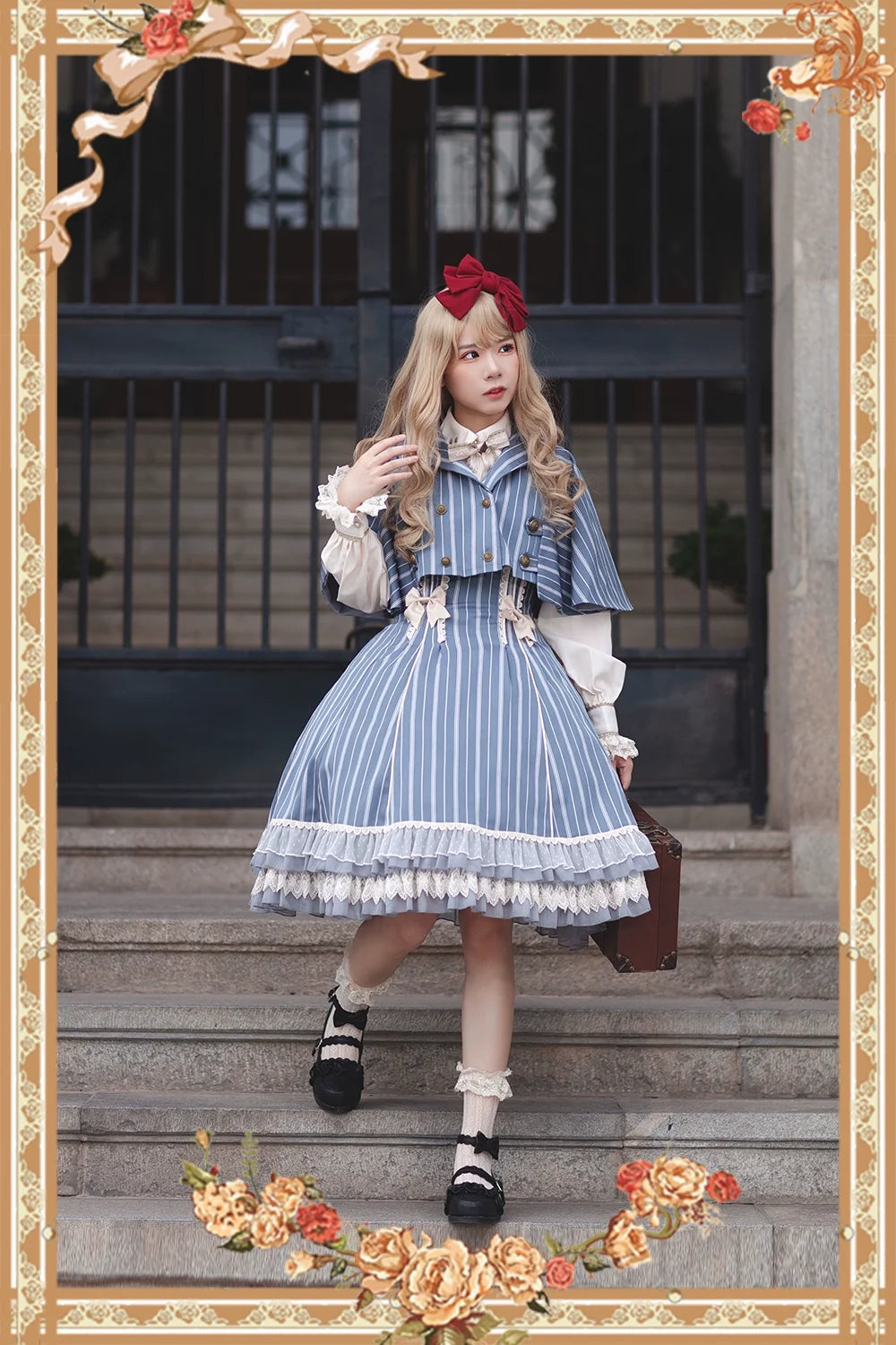 Infanta - Elegant Lolita Stripe High-waist - Jumper Dress Set and Cape SK Skirt
