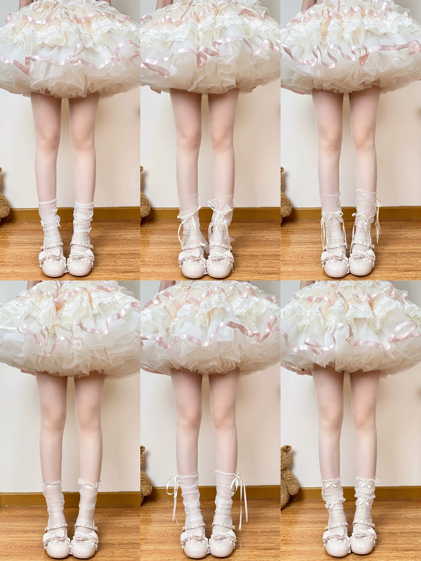 White bow and lace mesh socks styled beneath a pale ruffled skirt.