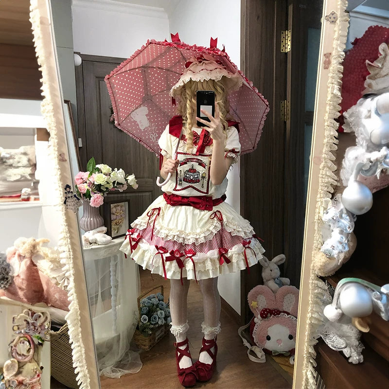 Snow Meow: Strawberry Sweetheart Red and Cream Lolita OP Dress Set