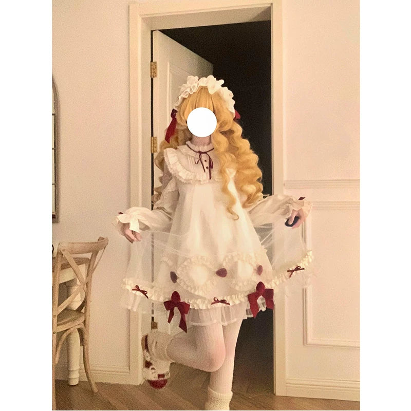 Creamy - Strawberry Cream Cake - Long-Sleeved One-Piece Dress with Strawberry Appliqués