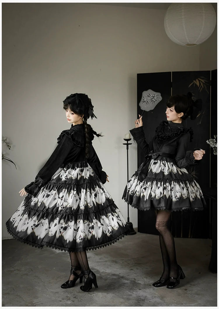 With PUJI - Dead Leaf Butterfly - Gothic Lolita JSK & OP Dress Set, Butterfly Print