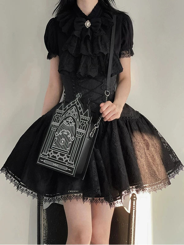 Creamy - Gothic Shirt Set - Black shirt and short skirt set with a drool bib