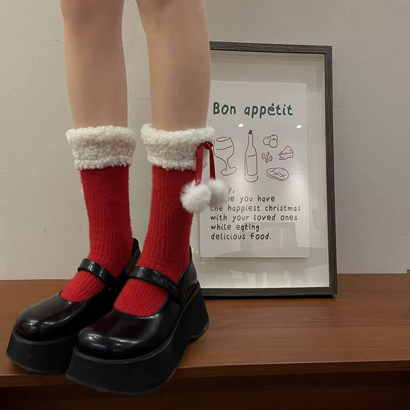 Sock Noble - Christmas Ribbon Slouch - Long Mid-Calf Socks with Fuzzy Cuffs