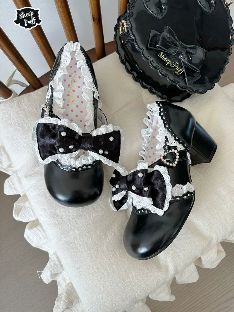 Sheep Puff Pearl Candy Mid Heel Lolita Shoes featuring white fabric, pearl accents, and a cute, rounded toe design.