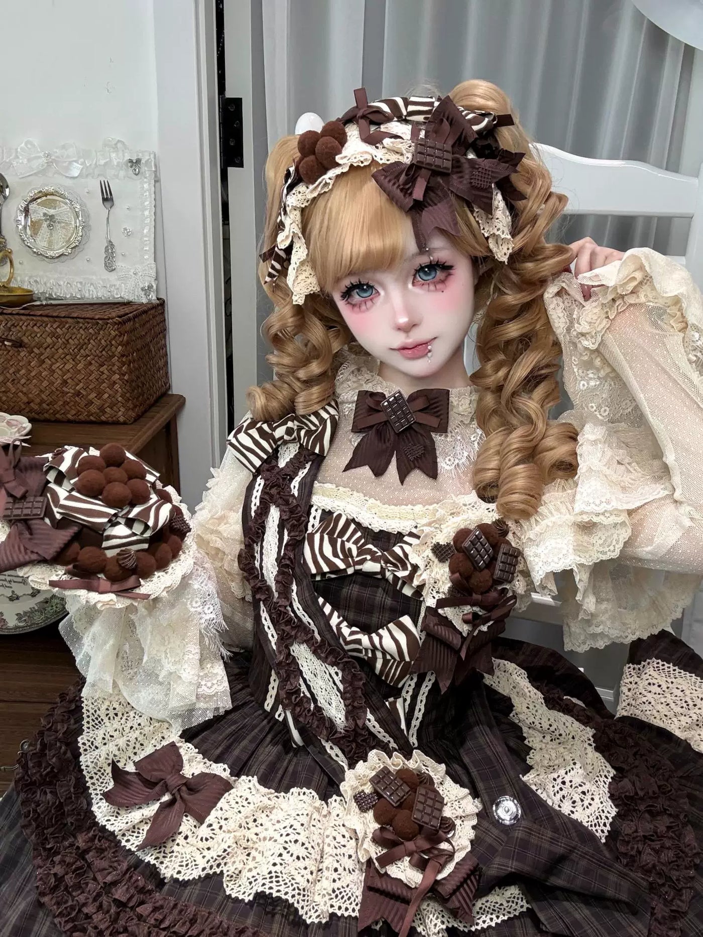 Eye Of White Crow - Chocolate Plaid - Kawaii Lolita JSK dress with layered ruffles - product detail 11