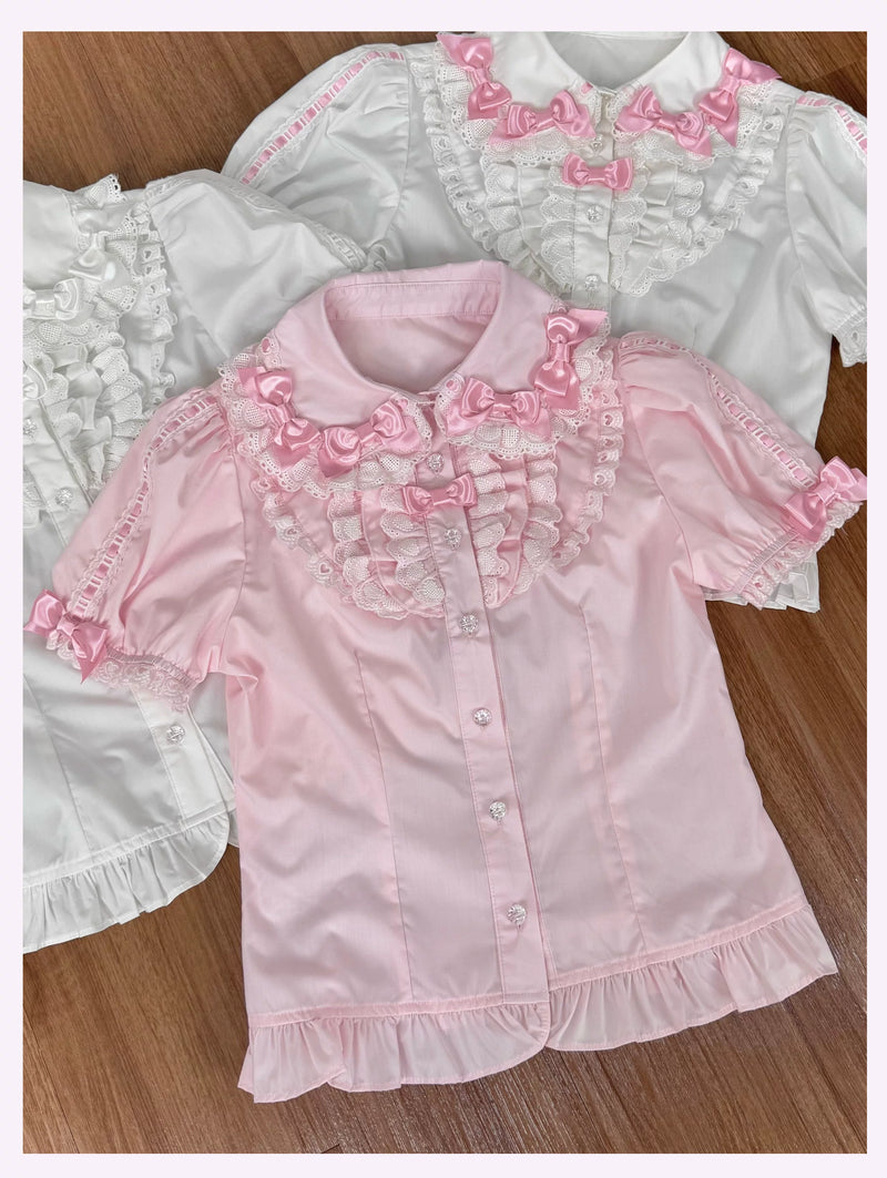 Tata Long Ear - Vintage Bow Lace - Short-Sleeve Blouse with a Doll Collar