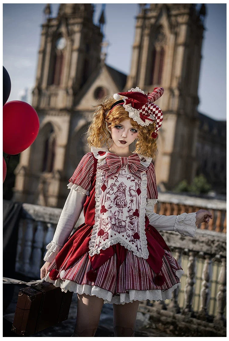 With PUJI - Puppet Mask - Clown Inspired Gothic Lolita OP Dress, Loose Fit