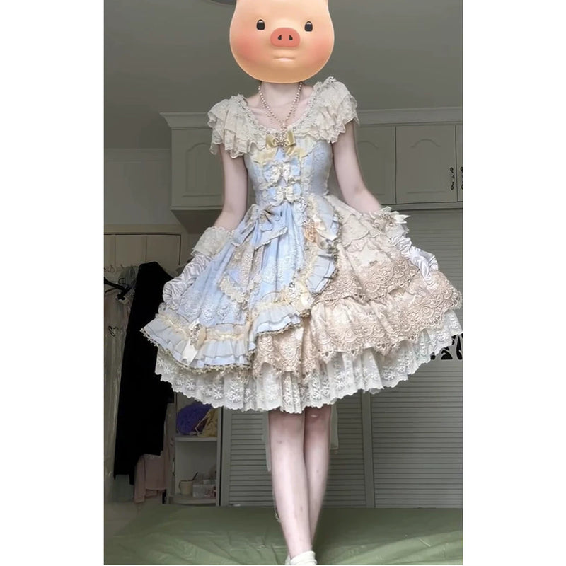 Creamy - Eternal Princess - Pale Blue and Ivory Full Lolita Dress Set with Layered Lace