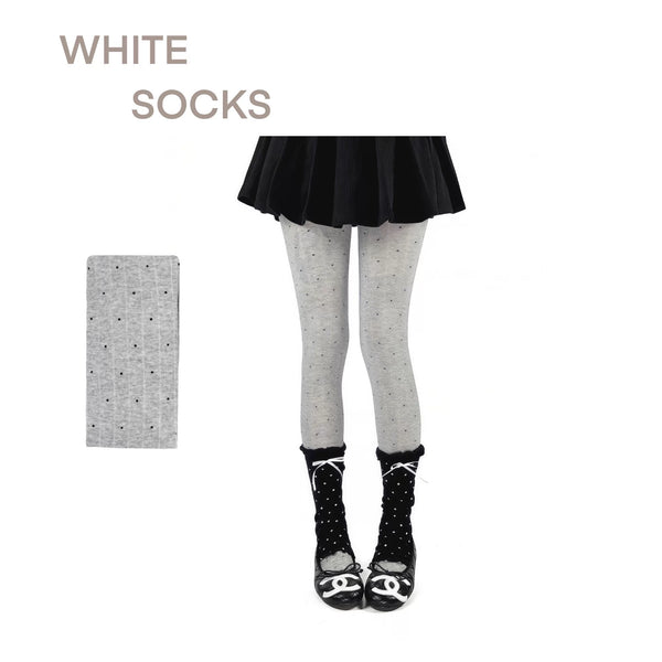 Grey polka dot ribbed Lolita tights with ruffled ankle cuff and white bow