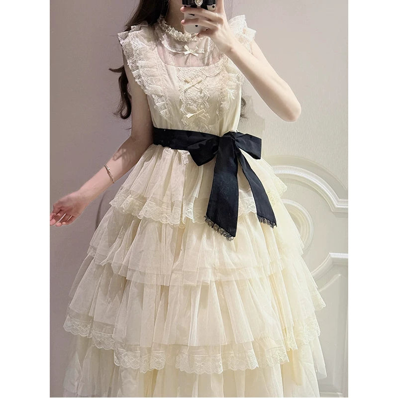 Creamy - Ecru Lace - Tiered Lace OP with Waist Belt