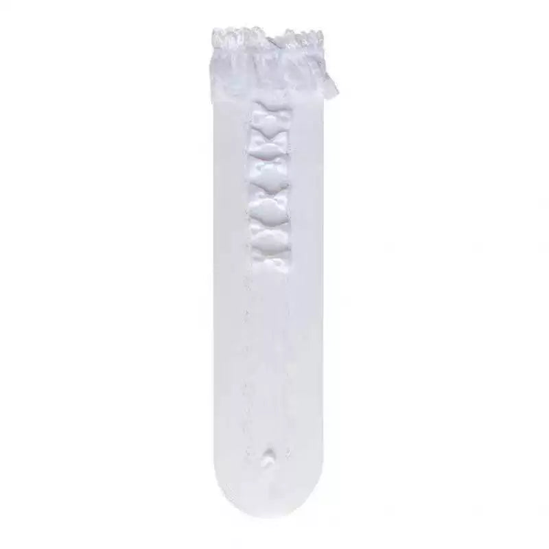 White lace mid-calf sock with a gathered cuff and ribbon bows.