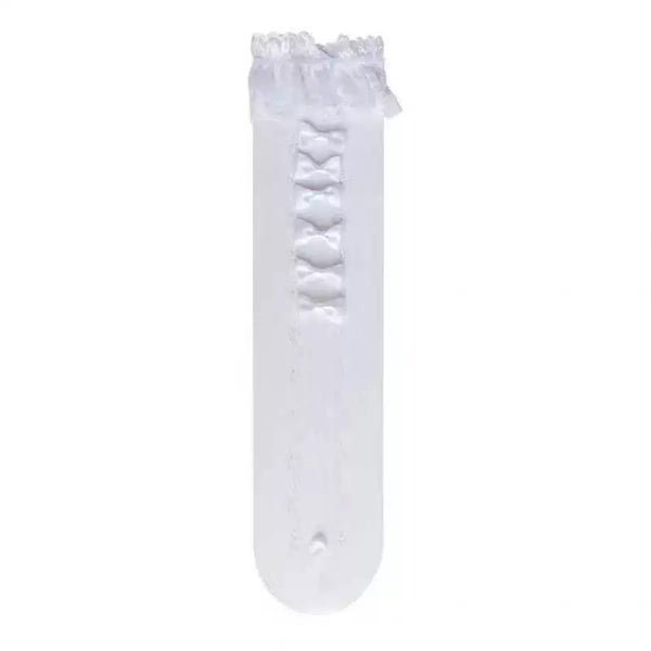 White lace mid-calf sock with a gathered cuff and ribbon bows.