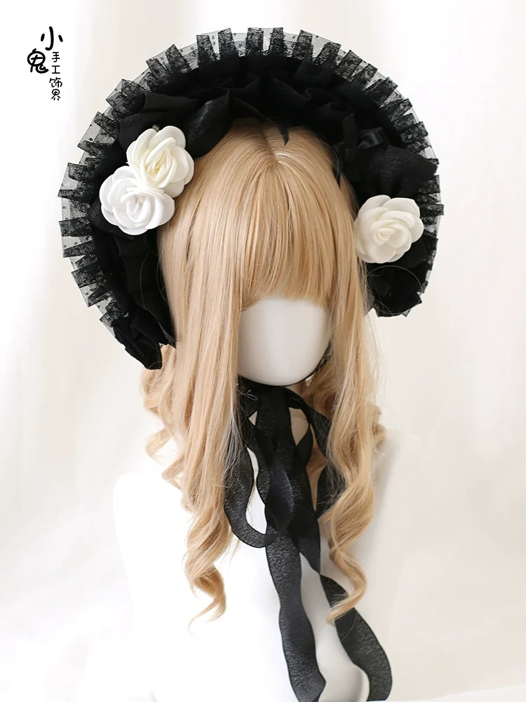Xiaogui - Gothic Lolita Black Lace Flowers - Bonnet Headwear