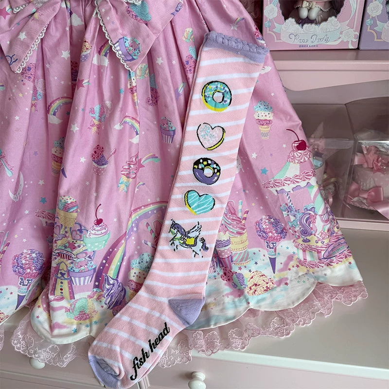 Pink reversible donut print over-the-knee Lolita socks