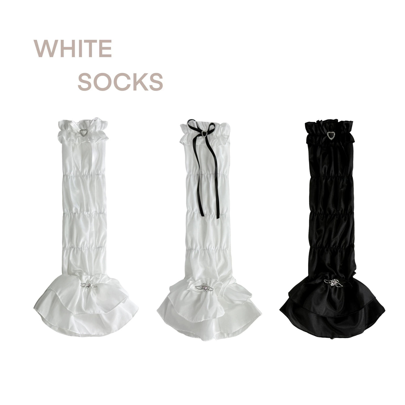 White Socks - Ballet Ruffle - Layered Ruffle Calf Sock Covers with Ribbon Ties