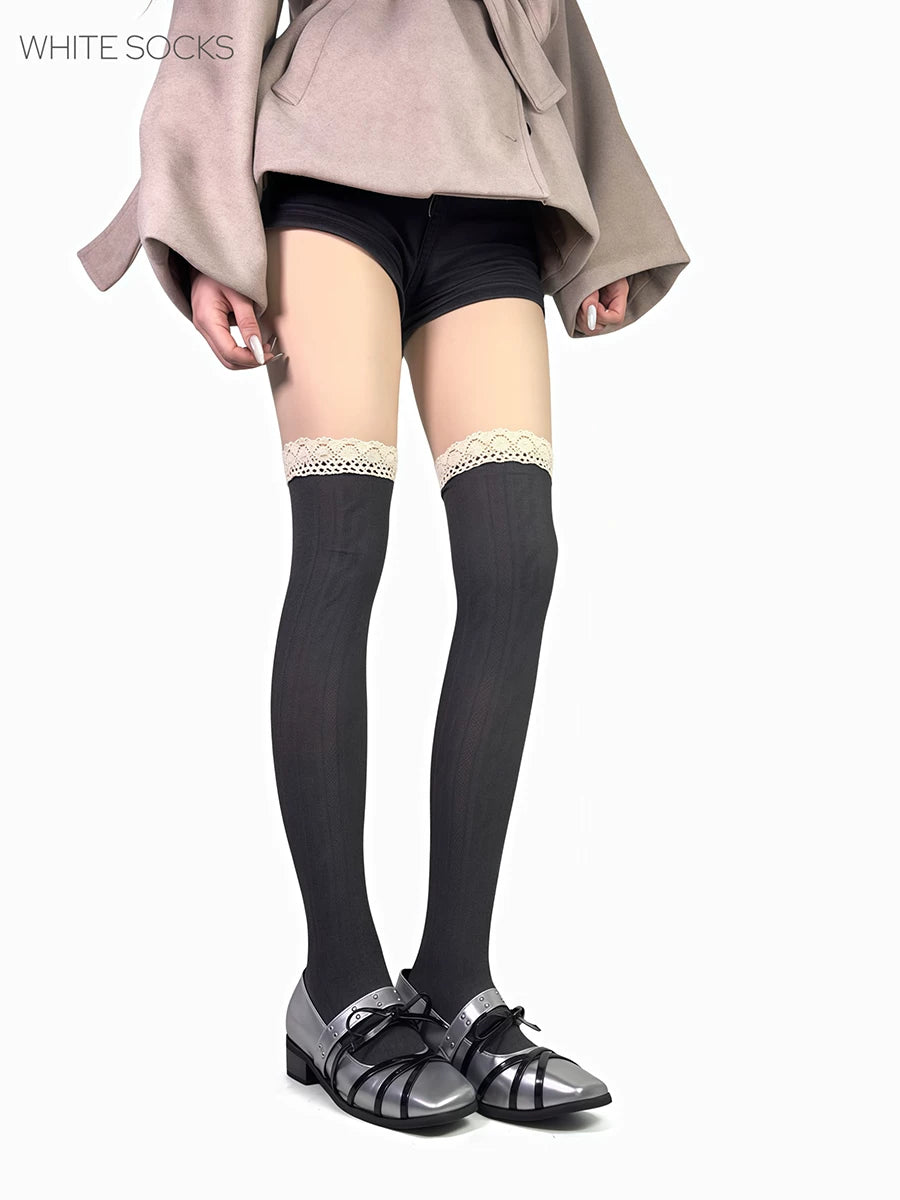 White Socks - Retro Lace Contrast - Over-the-Knee Socks with Lace Edging