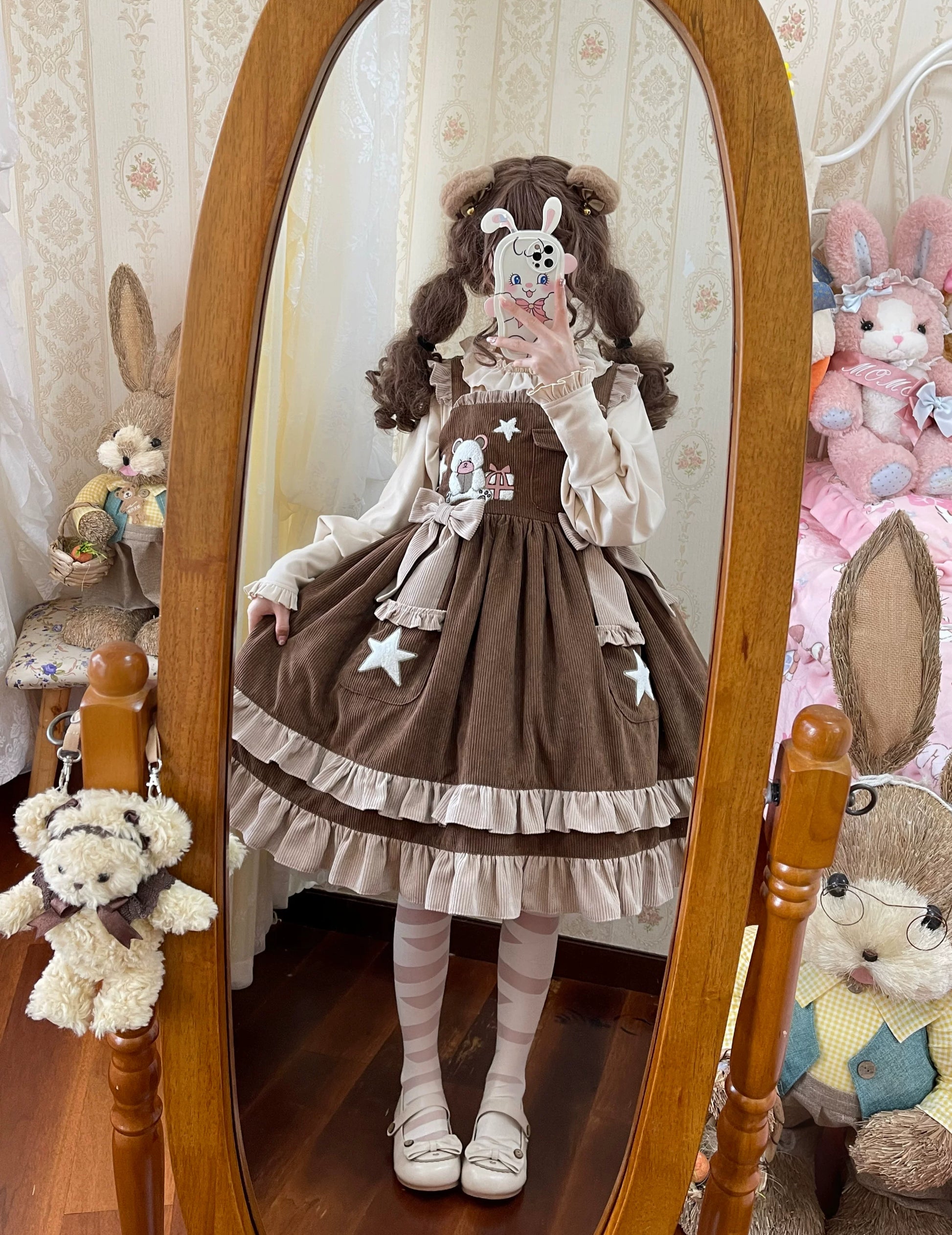 Lady Han Cute Bear Diary Lolita JSK dress featuring a charming bear print and delicate lace details.