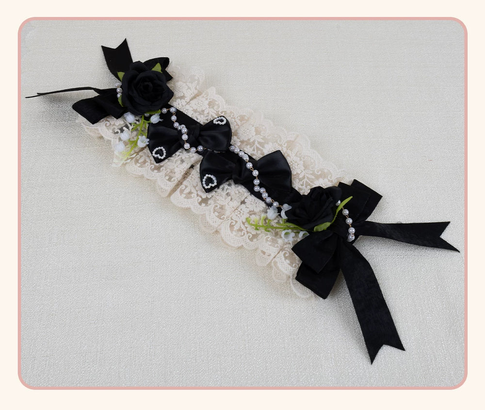 Stardust Rose Rose Heart black lace headband with roses, bows and heart details