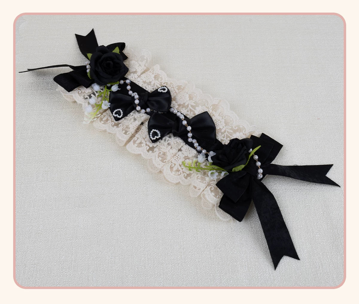 Stardust Rose Rose Heart black lace headband with roses, bows and heart details