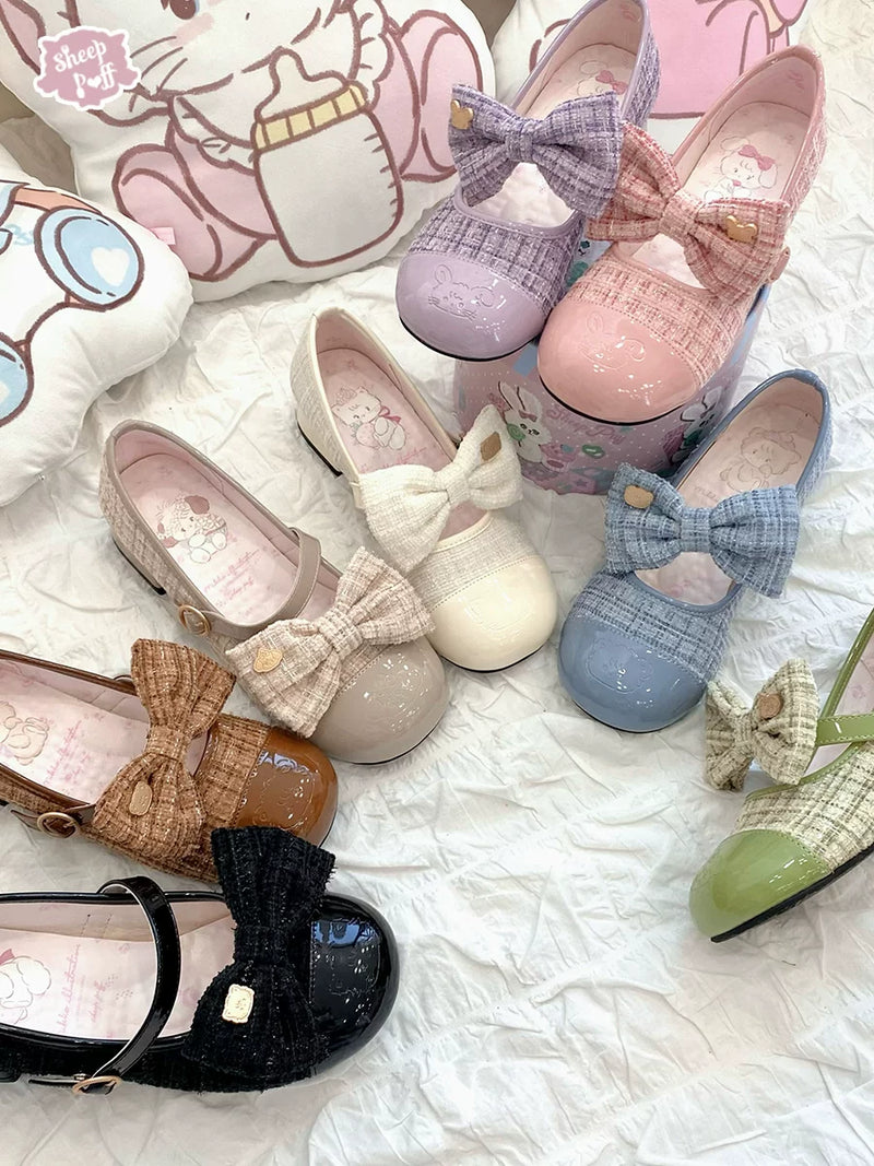 Sheep Puff Little Animal Mary Jane Lolita shoes in soft pastel with sheep puff embellishments and classic Mary Jane strap.