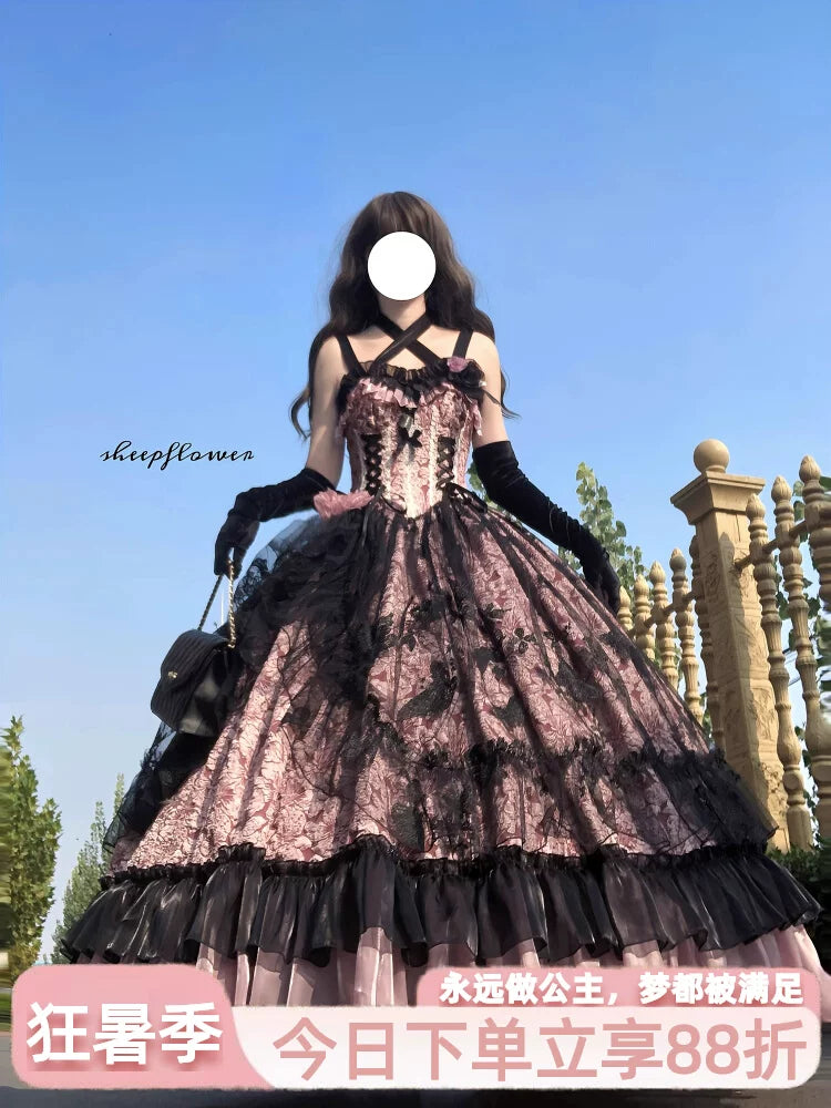 Flora Muse gothic lolita formal ballgown in pink and black with halter neck and layered voluminous skirt