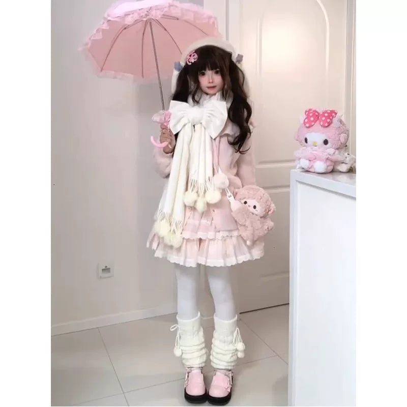 Creamy - Retro Nana - Cardigan, Skirt and Scarf Three-Piece Set with an Oversized Bow