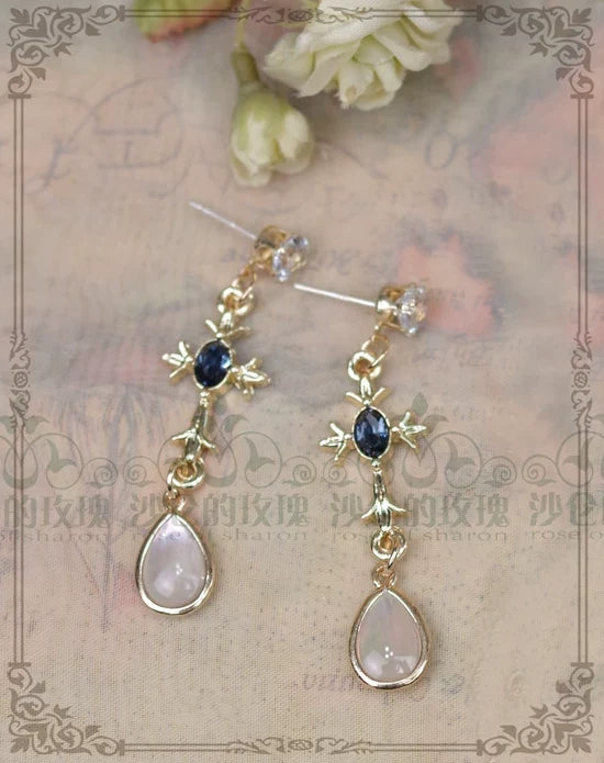 Rose of Sharon - Classic Lolita Necklace & Earrings - Artificial Pearl Rhinestone Earrings