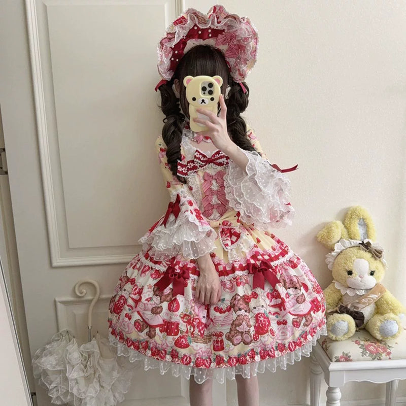 Tiantian - Strawberry - Long-Sleeved OP Dress with Lace Bows