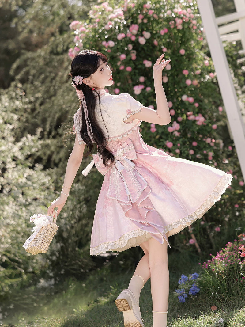Sweet Promise - New Chinese-Style Blossom - Pink princess dress with floral embroidery and lace-trimmed top
