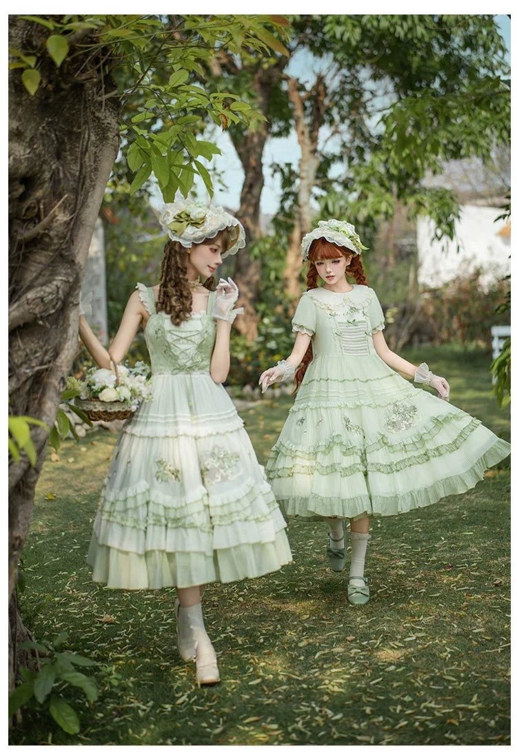 With PUJI - Green Grape - Embroidered Country Lolita OP Dress, Tiered JSK
