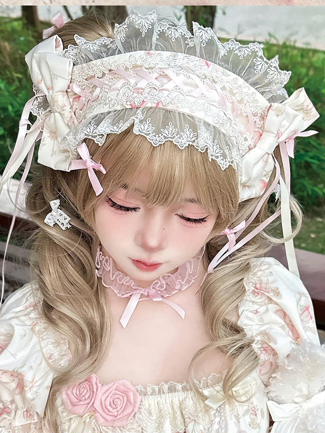Zhijinyuan Morning Mist Rose Floral JSK & OP — Pink matching hair ribbon