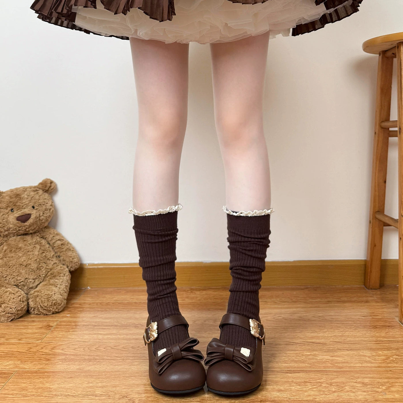 Chubby Bear Tales - Caramel Cocoa Slouch - Lace-Trimmed Slouch Calf Socks