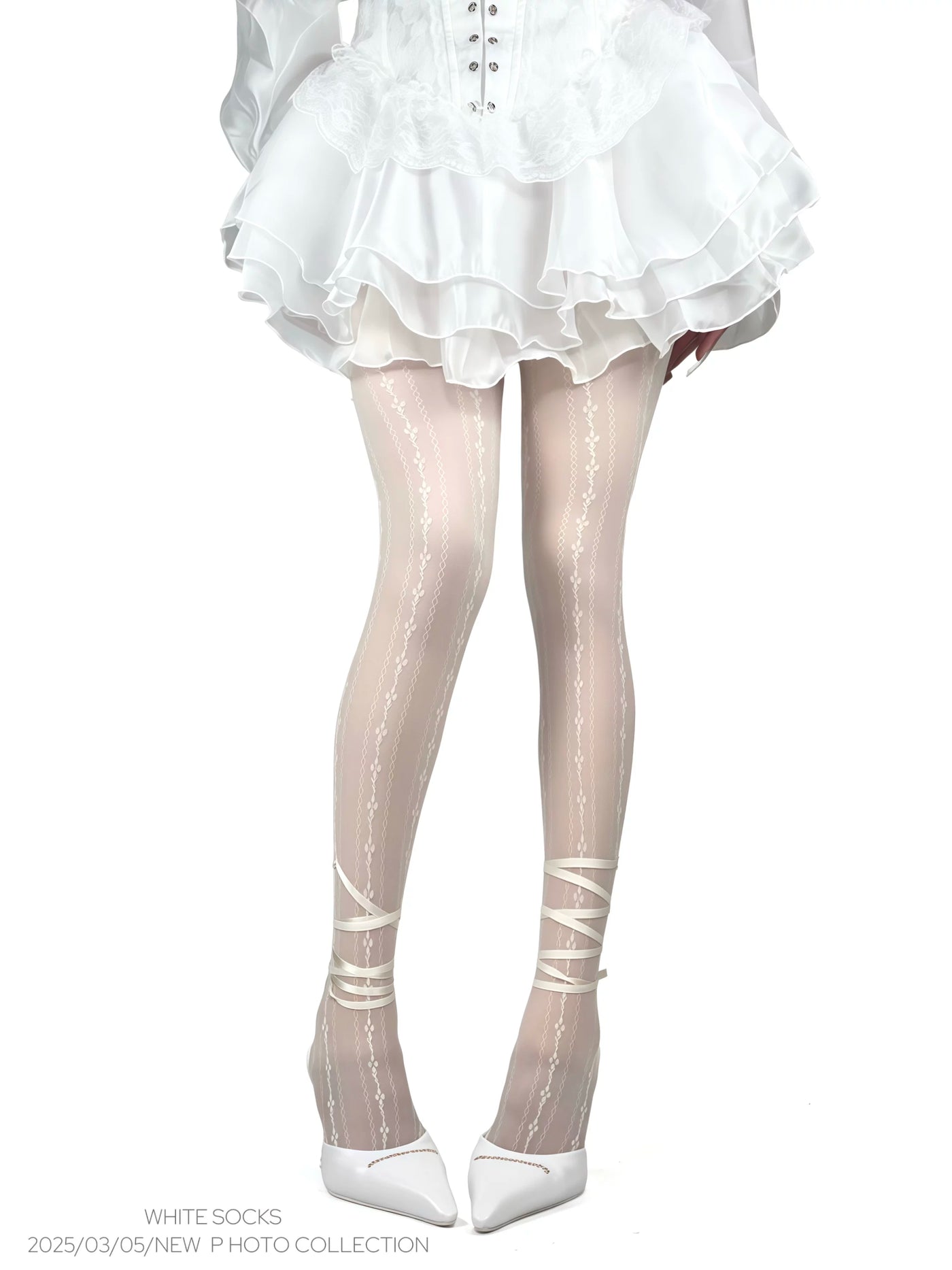 White sheer patterned tights with ribbon ankle ties, balletcore lolita style