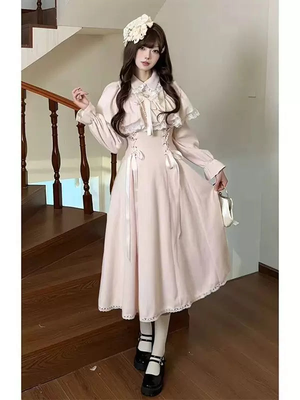 Creamy - Pink Lace Capelet - Dress with a Lace-Trimmed Capelet Overlay