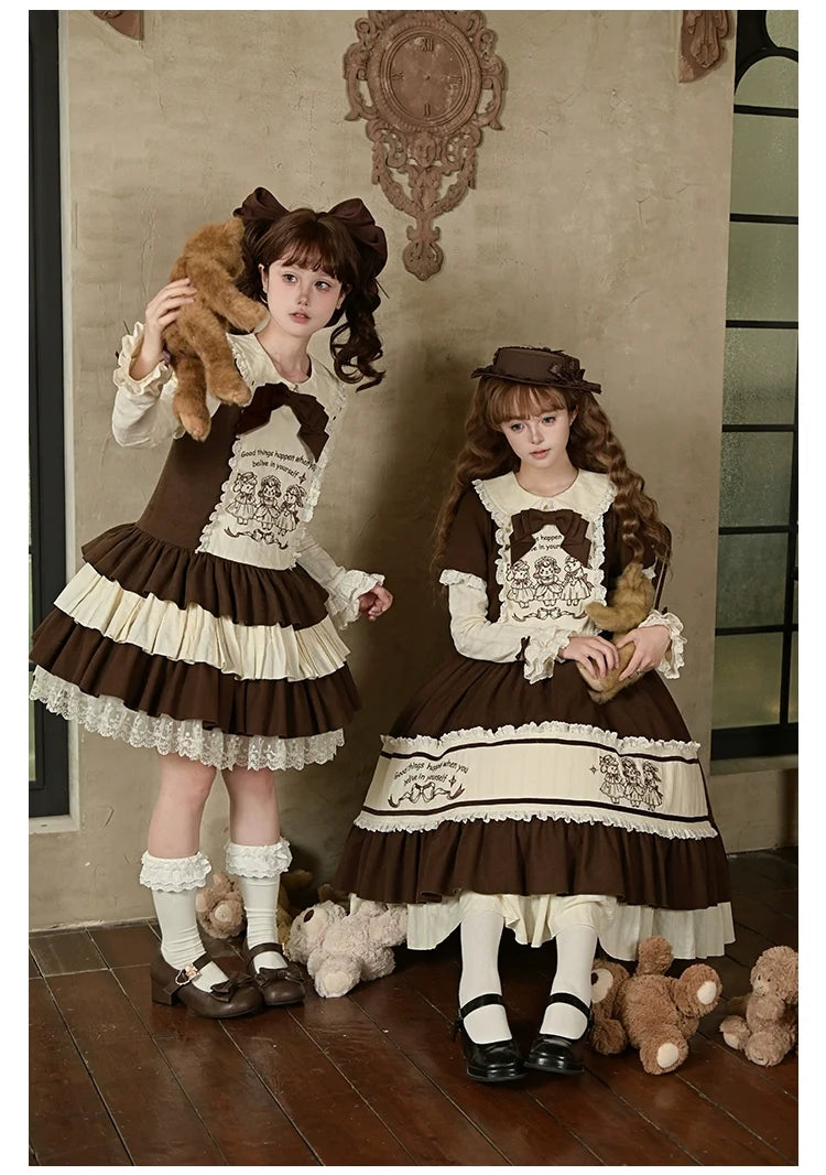 With PUJI - Sugar Frost Tale - Kawaii Lolita OP Button Closure Dress, Lamb & Bunny Embroidery