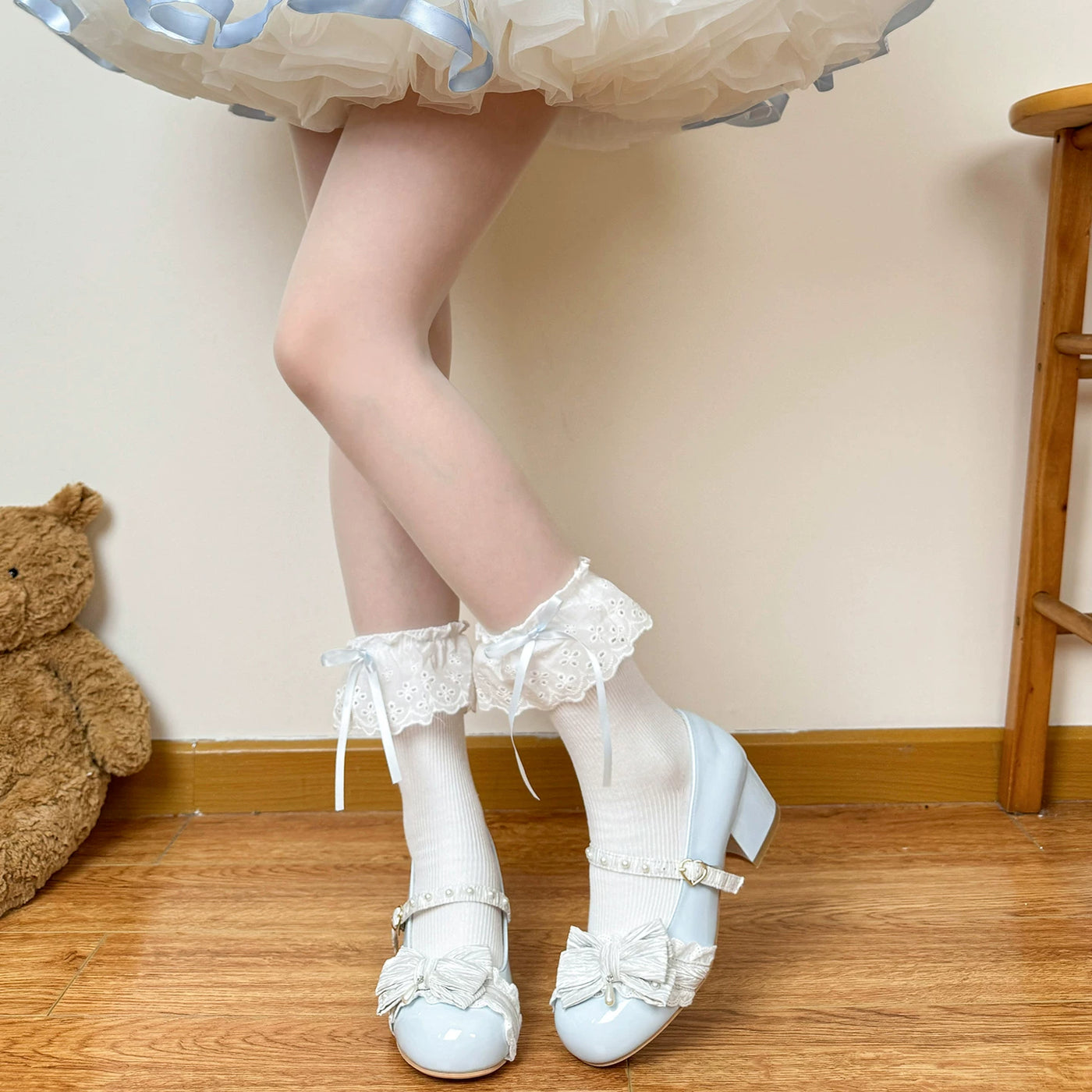 Chubby Bear Tales - Blue Ribbon Lace Collection - Blue-and-White Lolita Sock Collection with Bow Options