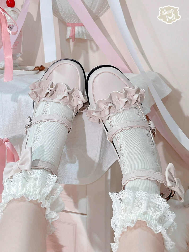 Sheep Puff Melulu Satin Lolita Shoes with bows and ruffled details, stylish and elegant footwear for special occasions.