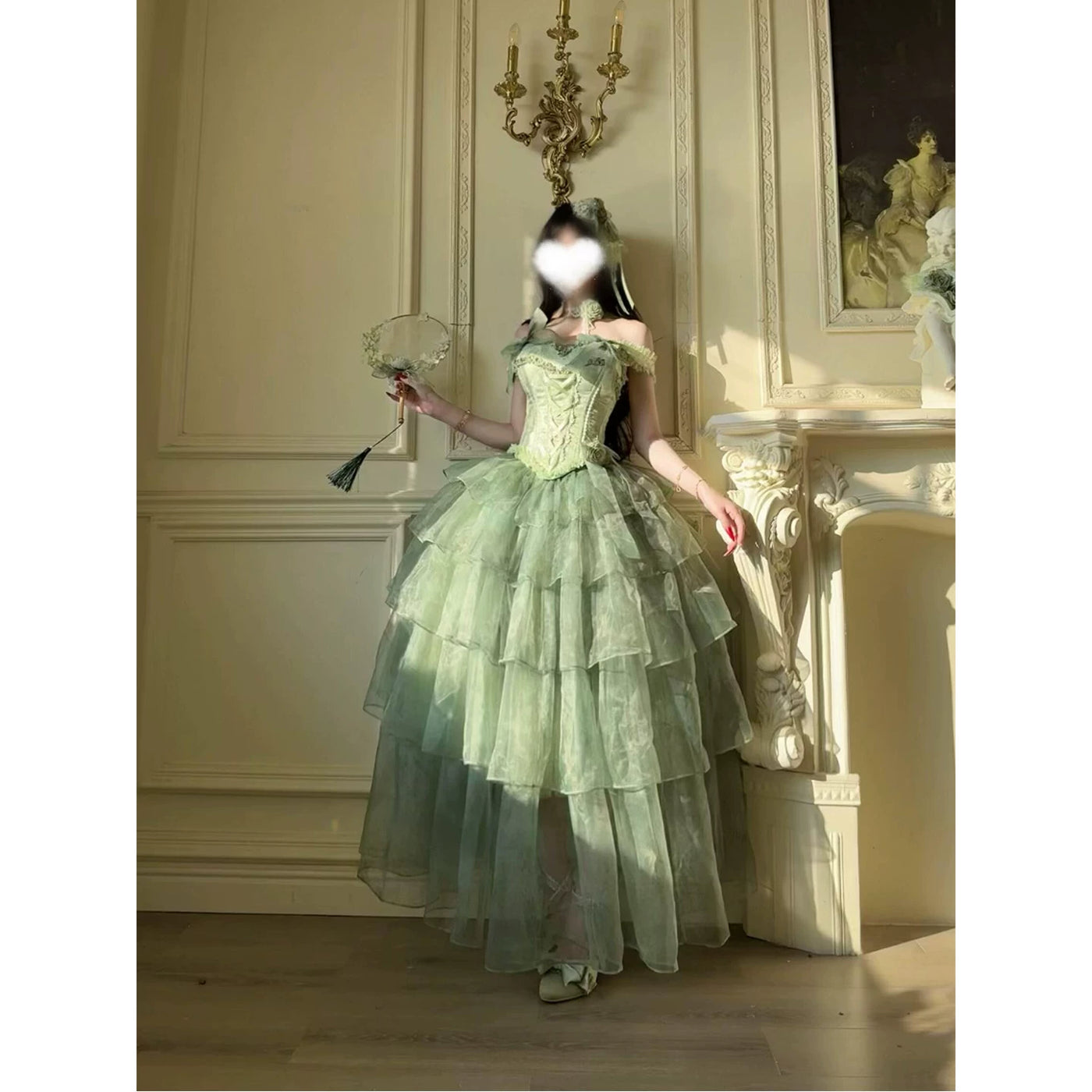 Creamy - Green Wisteria - Tiered Sheer Gown with a Fitted Bodice