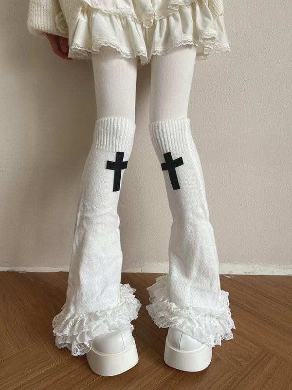 Sock Noble white knit sock covers with black cross motifs and layered lace cuffs