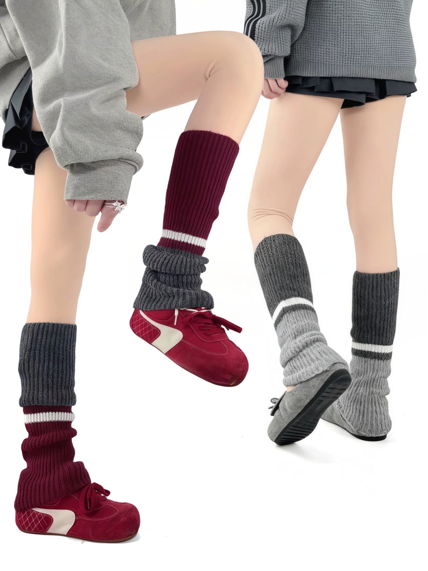 White Socks - Color-Block Slouch - Ribbed Color-Block Socks with Stripe Bands