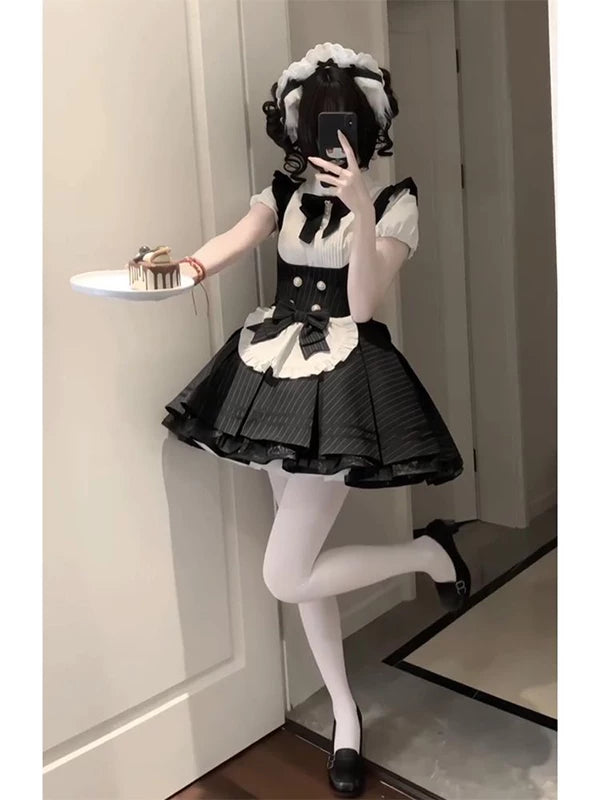 Creamy - Maid Stripe - Black-and-White Blouse and Dress Set with Bow Bib