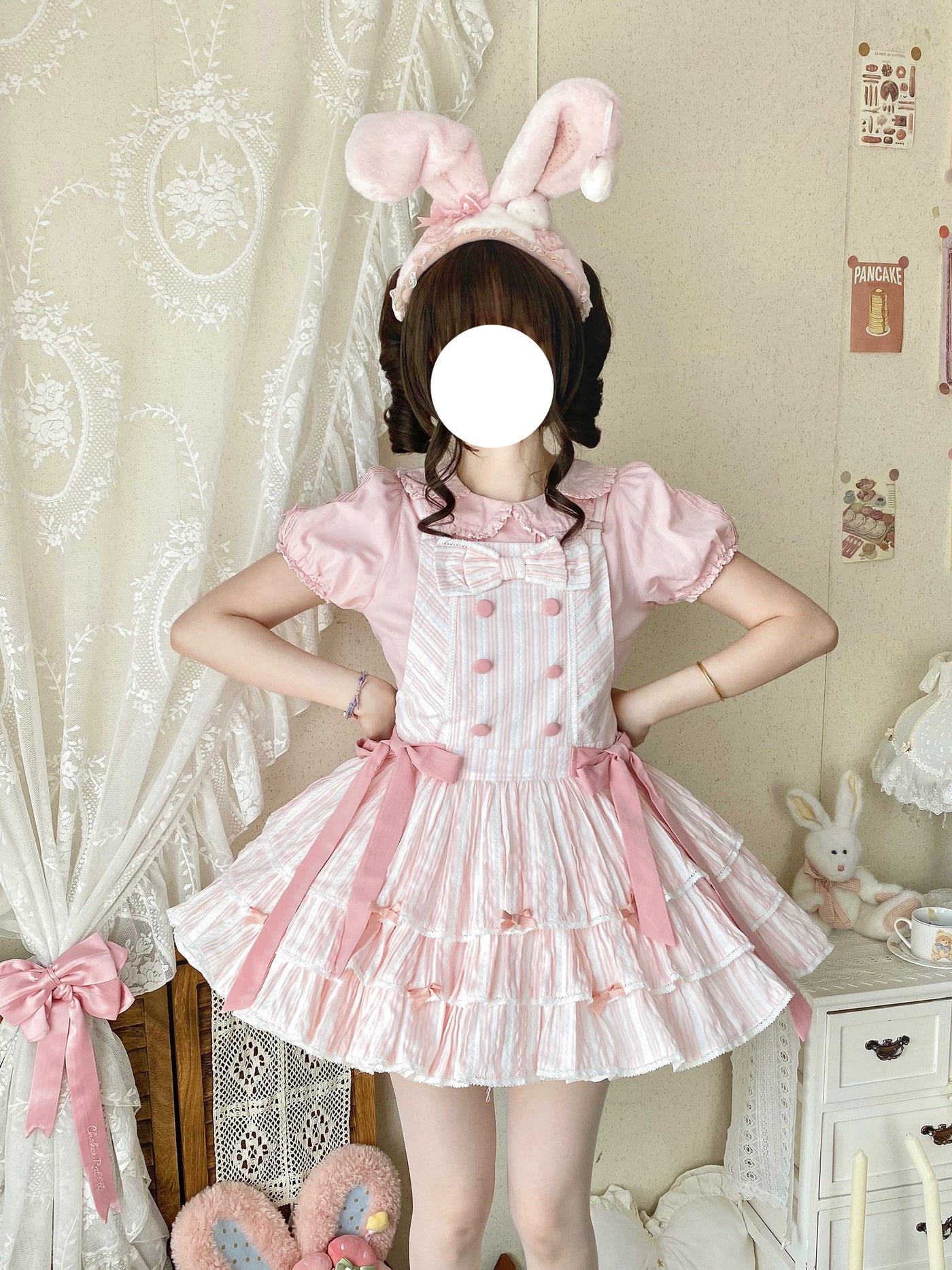Mian Mian Bing Lolita Jumper Skirt in strawberry stripe, worn over a blouse