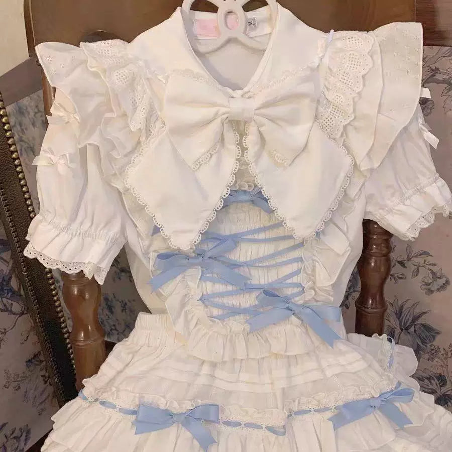 White Sweet Lolita short-sleeve blouse with oversized doll collar and lace trim